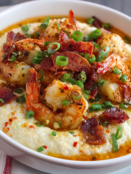 A bowl of shrimp grits with bacon.
