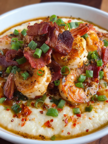 A plate of shrimp grits with bacon and green onions.