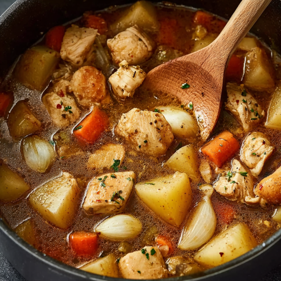 A bowl of chicken stew with carrots and onions.