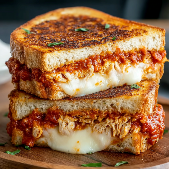 A grilled cheese sandwich with marinara sauce and chicken.