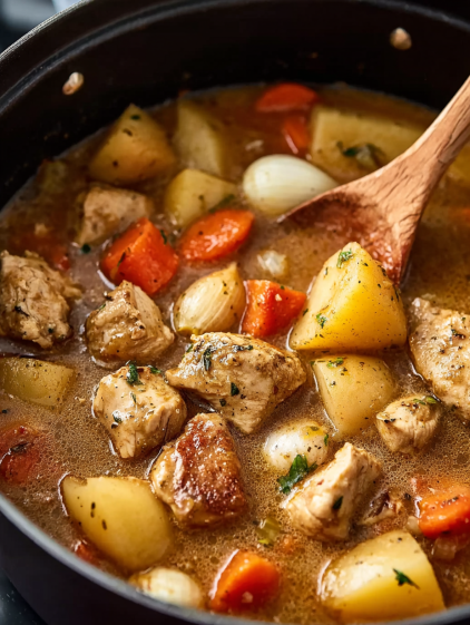 A hearty chicken stew with carrots and onions.