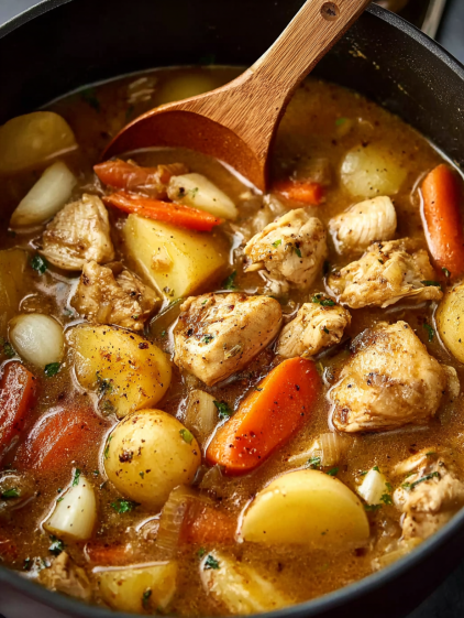 A hearty chicken stew with carrots and potatoes.