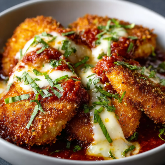A bowl of crispy chicken parmesan.