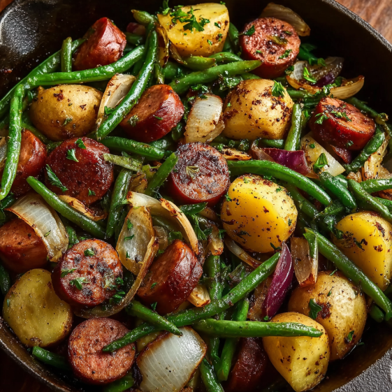 A delicious sausage and green bean dish.