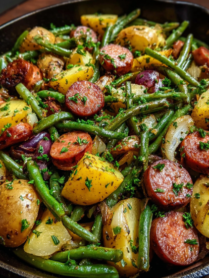A dish of sausage, green beans, and potatoes.