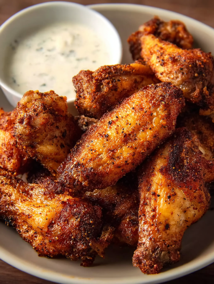 A bowl of chicken wings with a dipping sauce.