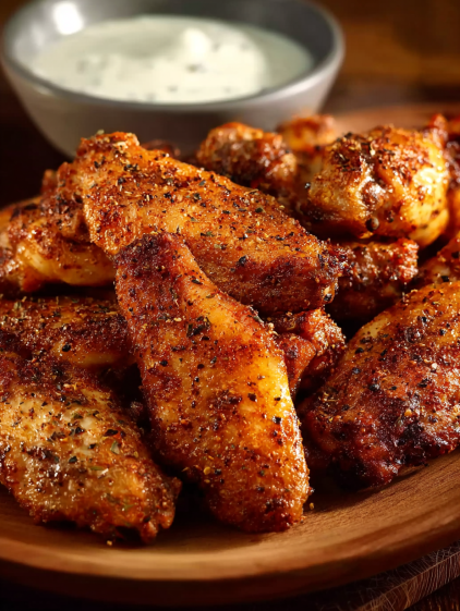 A plate of chicken wings with a bowl of sauce.
