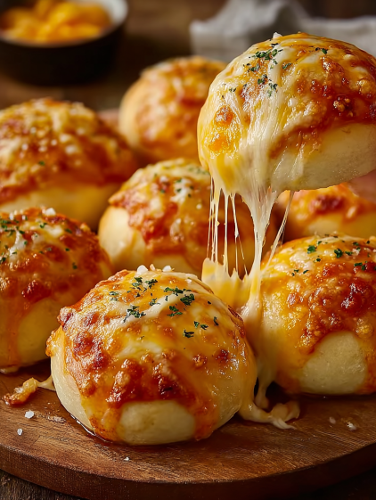 Cheesy pizza bombs on a wooden platter.