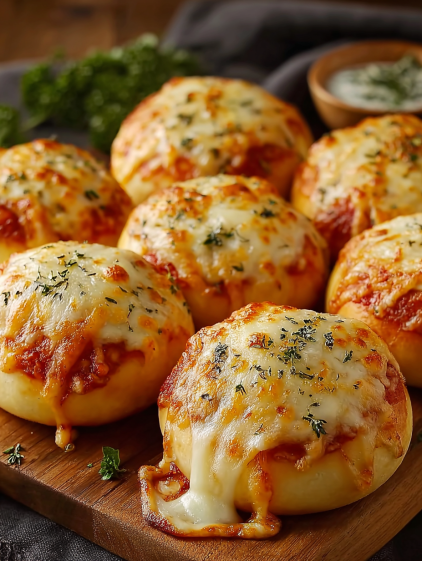 A plate of cheesy pizza bombs.
