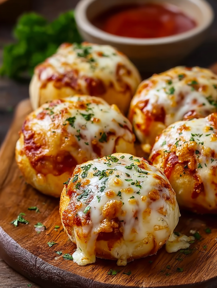 Cheesy pizza bombs on a wooden platter.