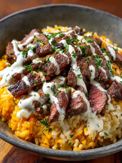 A bowl of rice with meat and sauce.