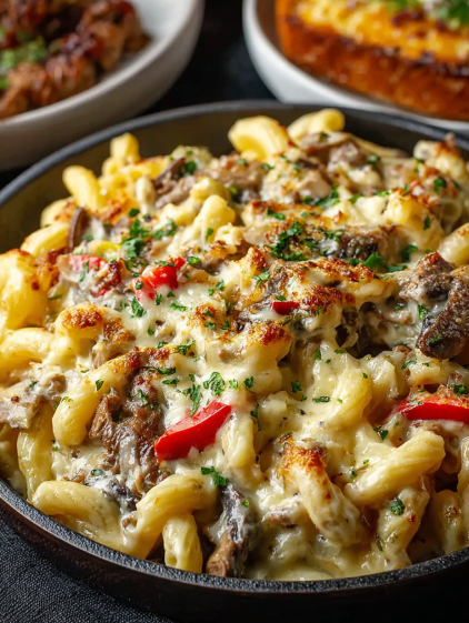 A delicious meal of pasta with meat and cheese.