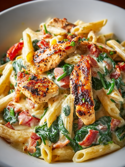 A plate of food with chicken, spinach, and bacon.