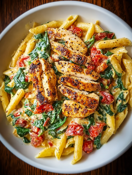 A plate of chicken, spinach, and pasta.