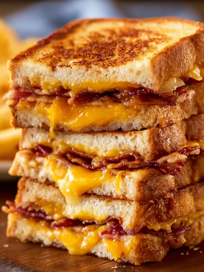 Bacon grilled cheese toast stacked on a plate.