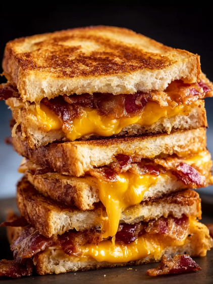 A stack of grilled cheese sandwiches with bacon.