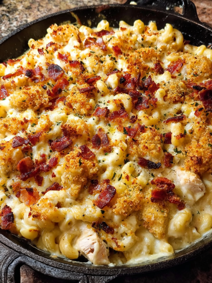 A delicious chicken bacon pasta bake.