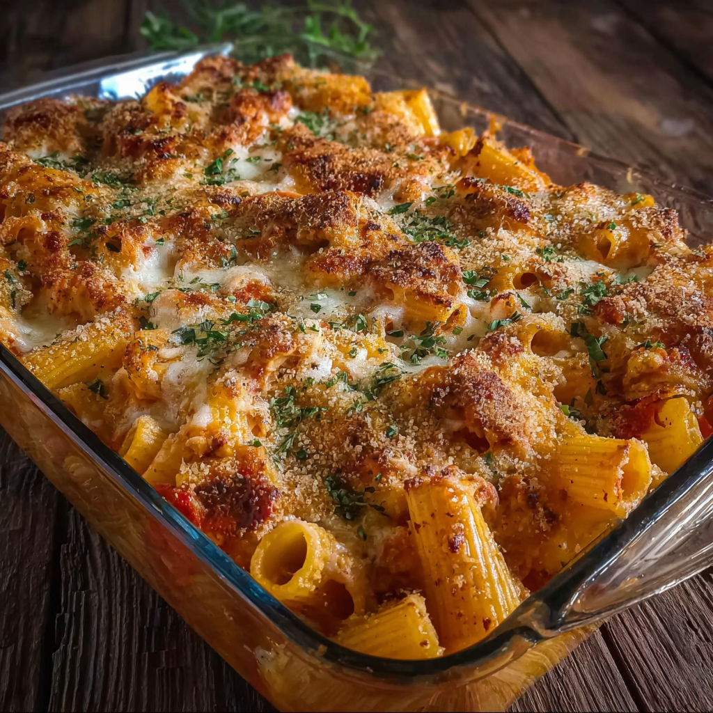 A baked pasta dish with cheese and breadcrumbs.