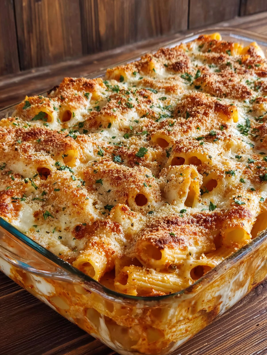A close up of a casserole dish filled with pasta and cheese.