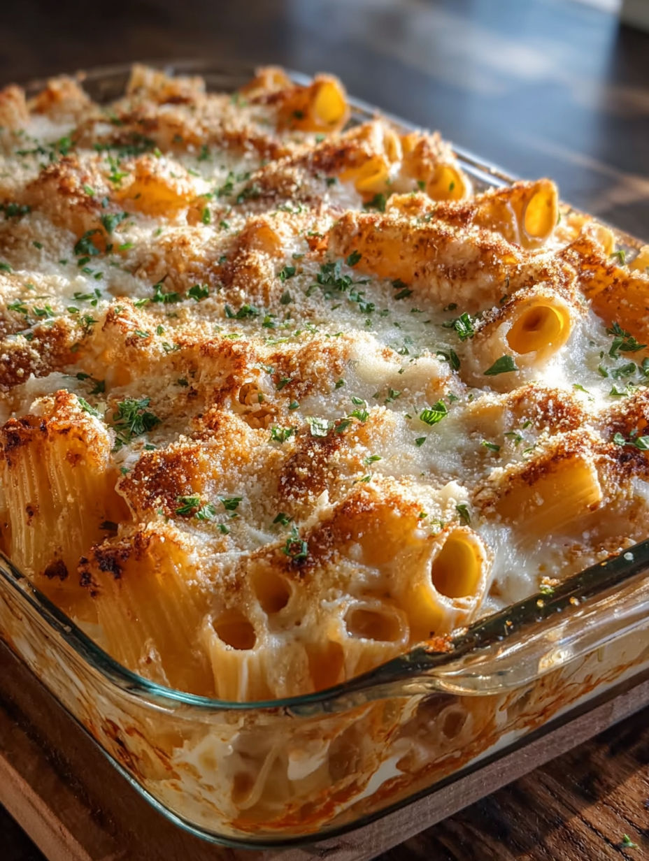 A dish of pasta with cheese and herbs.