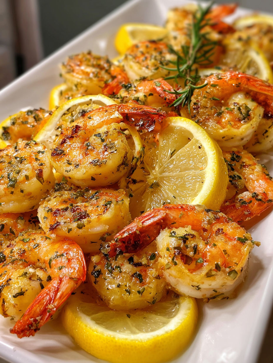 A plate of shrimp with lemon wedges on top.