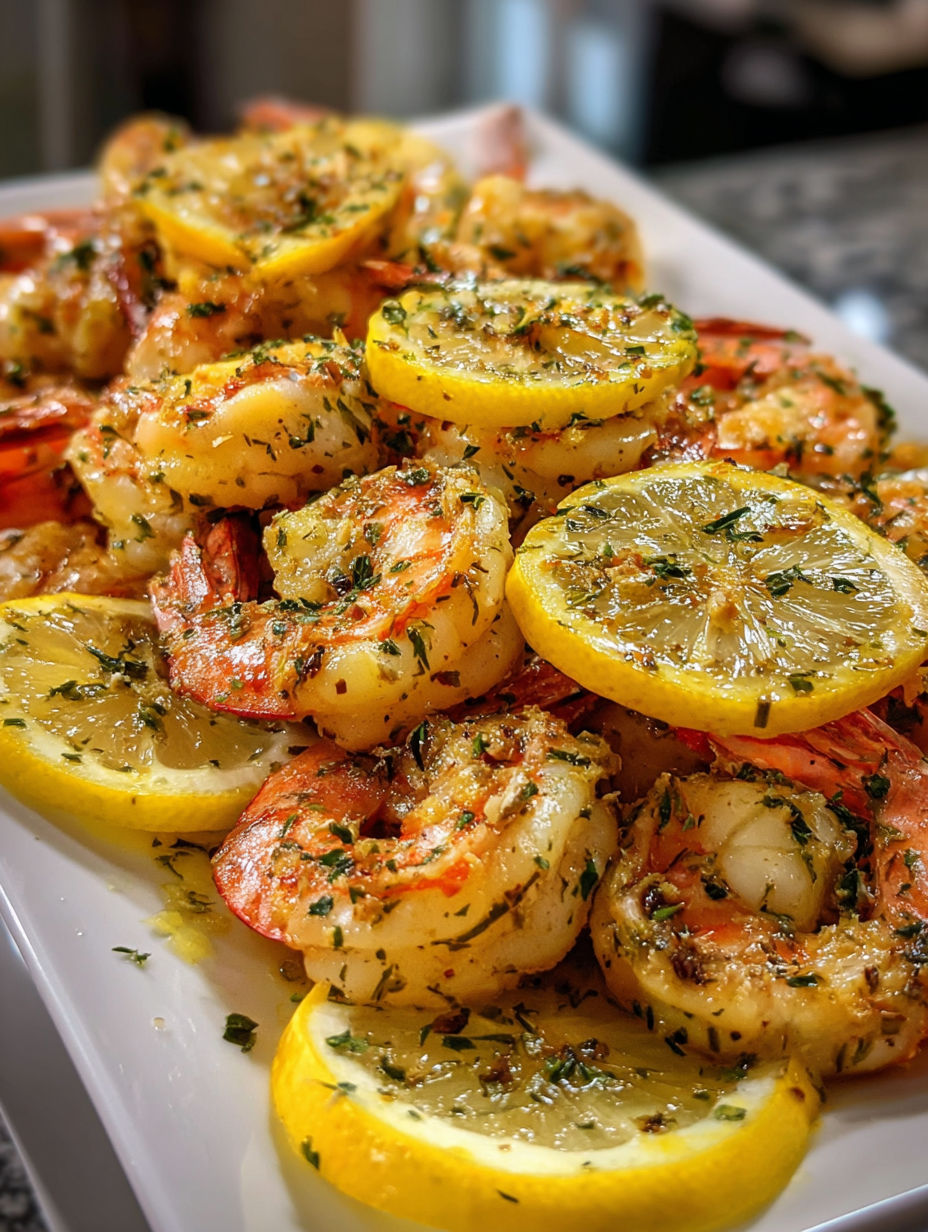 A plate of shrimp with lemon and herbs.