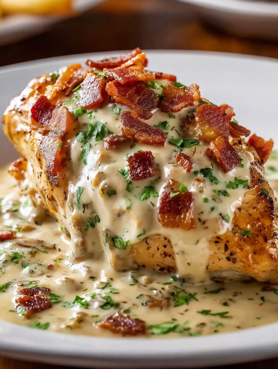 A plate of smothered chicken with bacon and cheese.