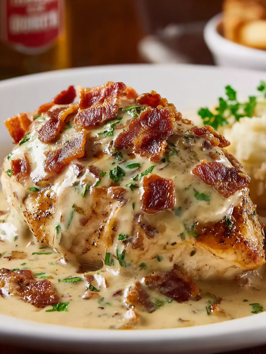A plate of smothered chicken with bacon and cheese.