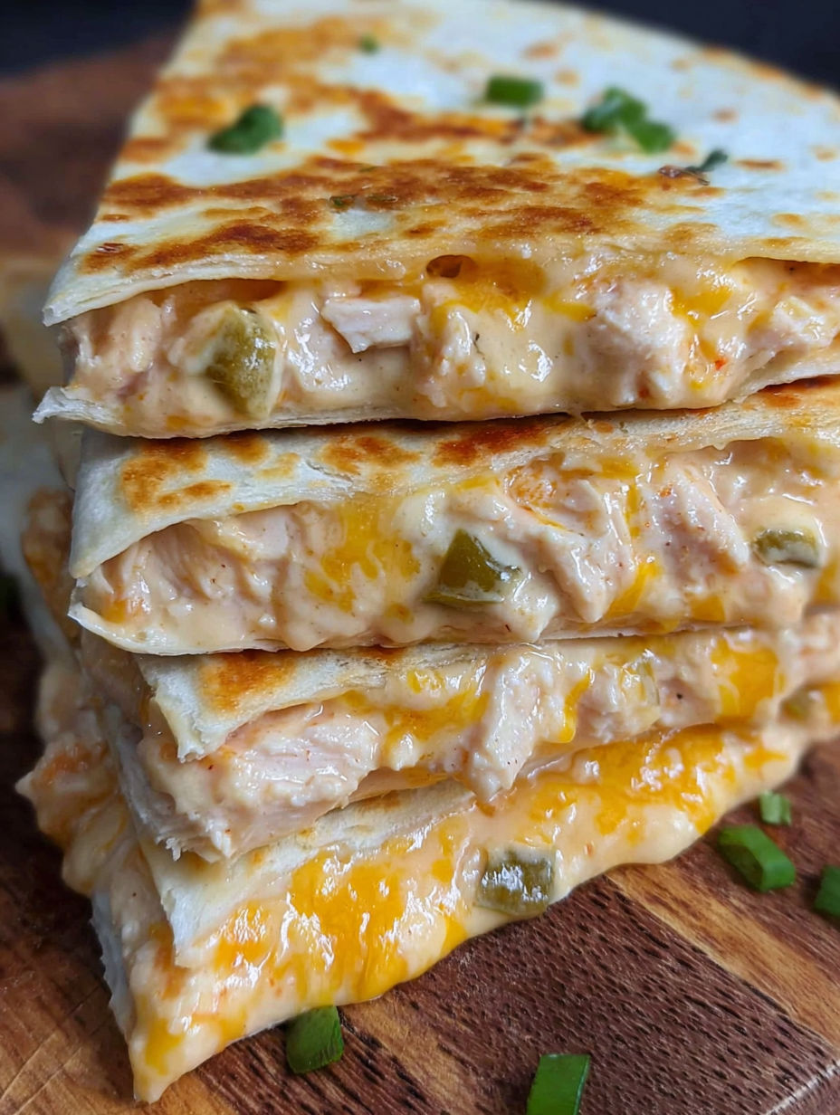 A stack of tacos with cheese and green peppers.
