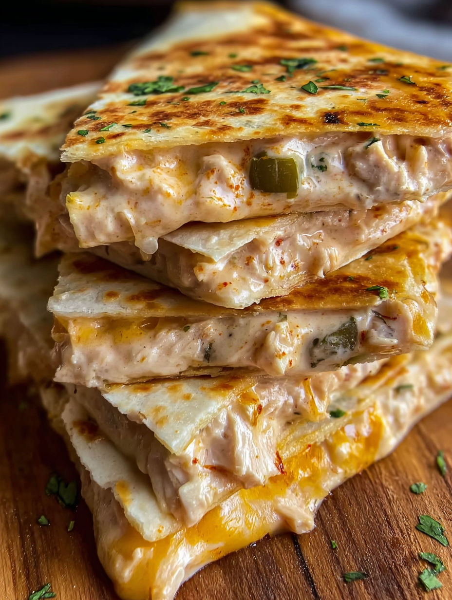 A stack of tortillas with meat and cheese on top.