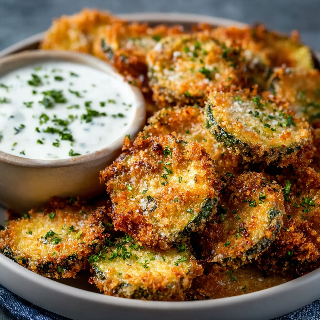 A bowl of fried pickles with a dollop of ranch dressing.