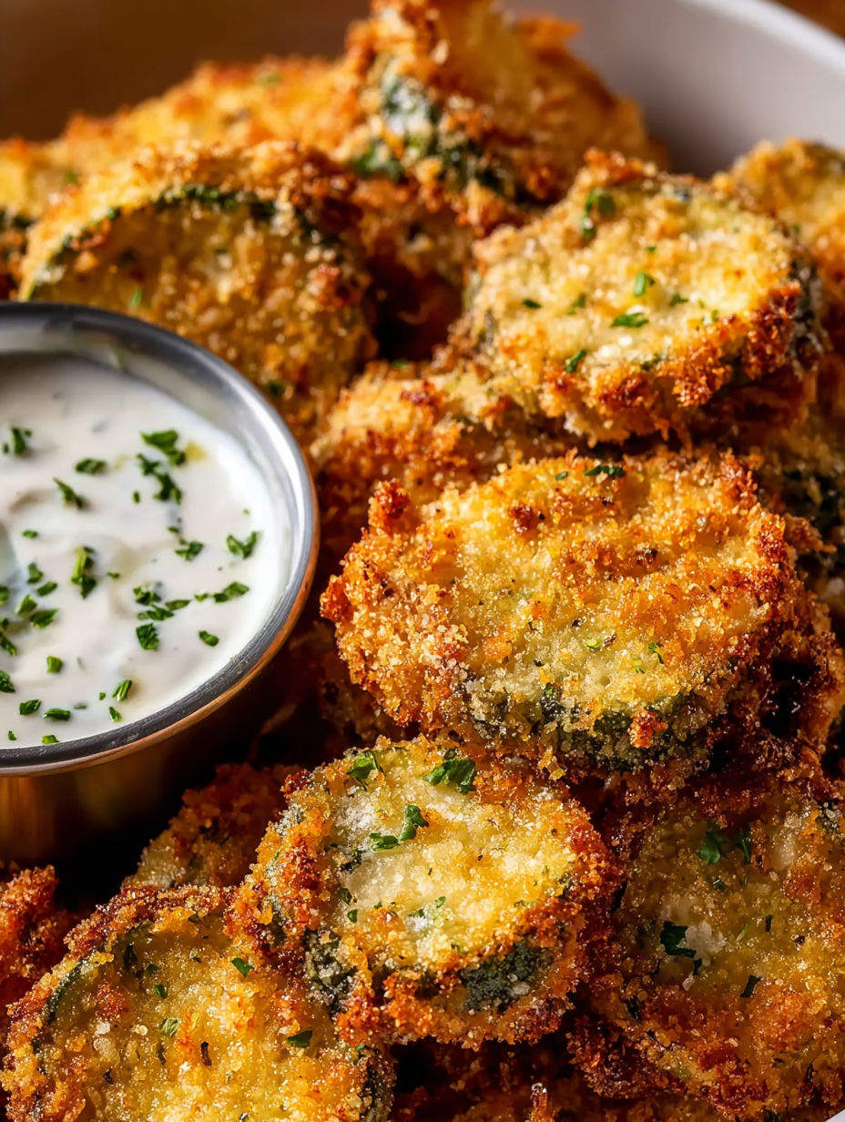Fried pickles in a bowl with a dollop of ranch dressing.