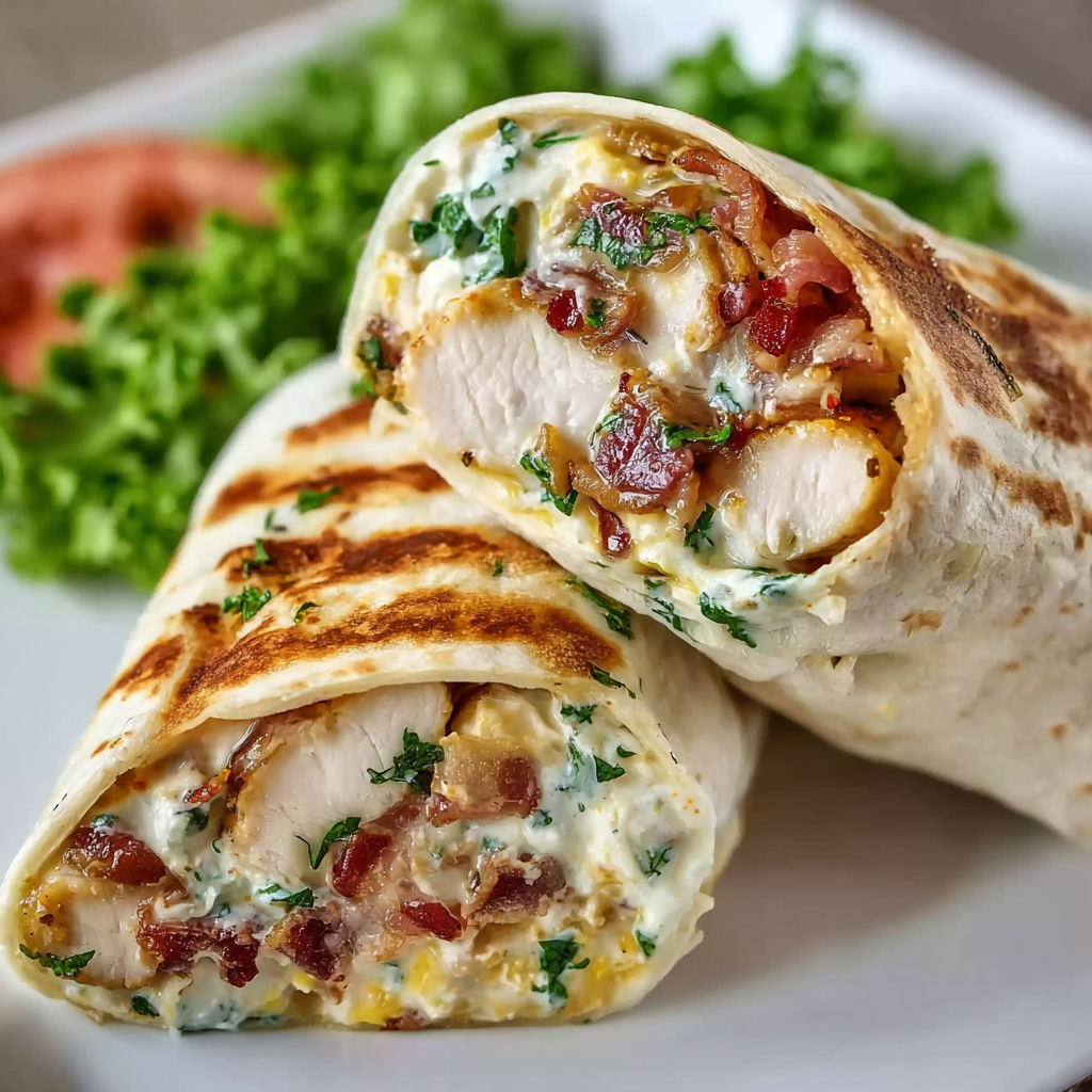 Two cheesy garlic chicken wraps with bacon.
