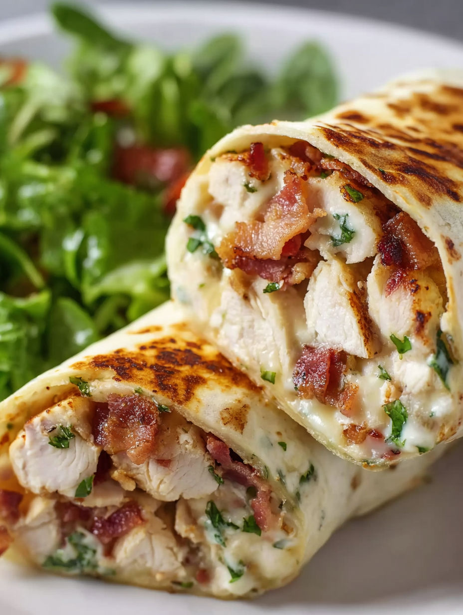 A chicken wrap with bacon and lettuce.