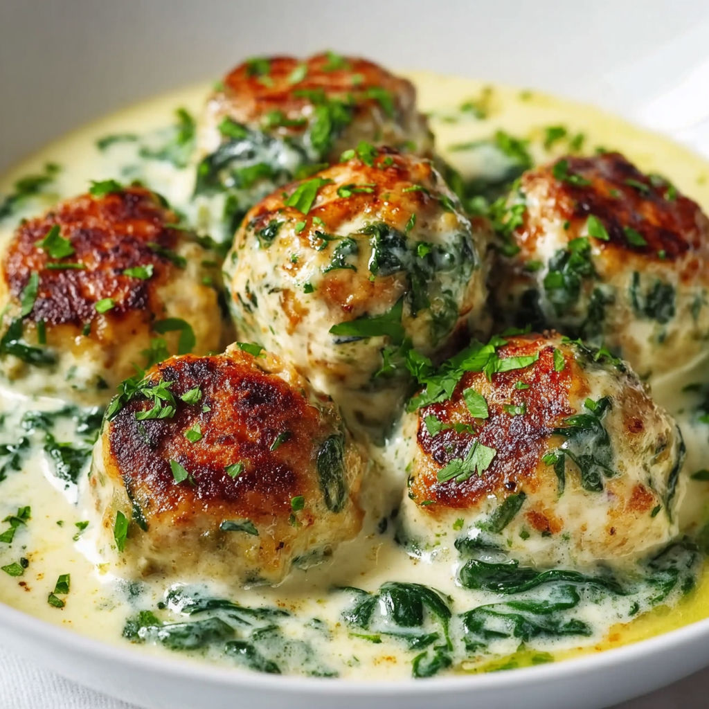 A plate of meatballs with spinach alfredo sauce.