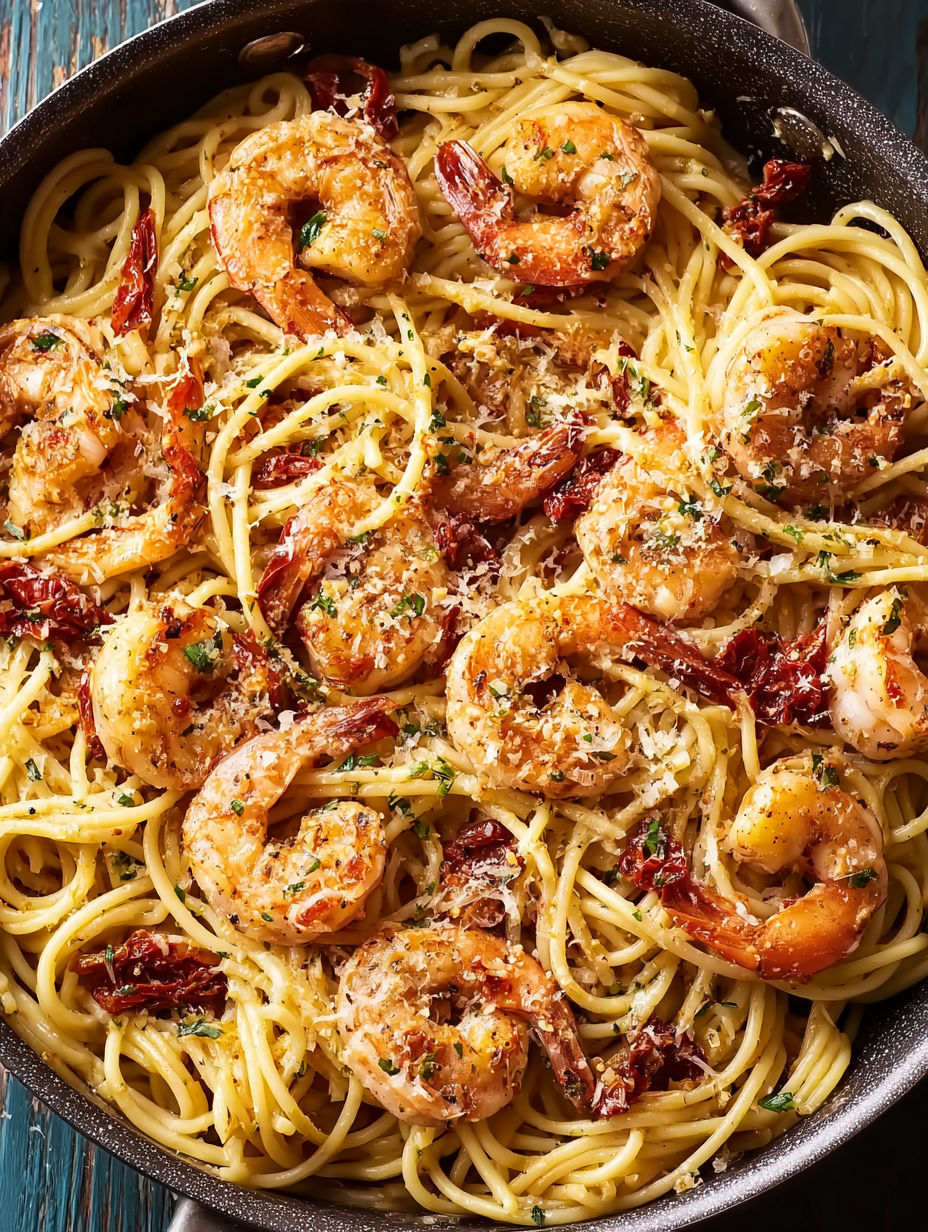 A bowl of shrimp and pasta.