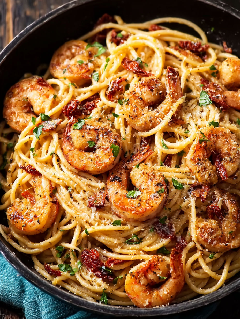 A bowl of shrimp and pasta.