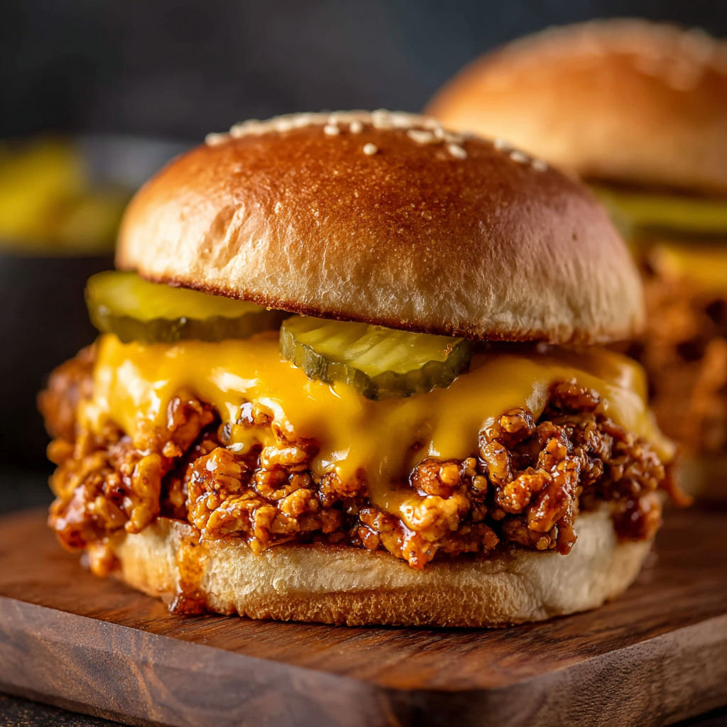 A Cajun Chicken Sloppy Joes sandwich with pickles on top.
