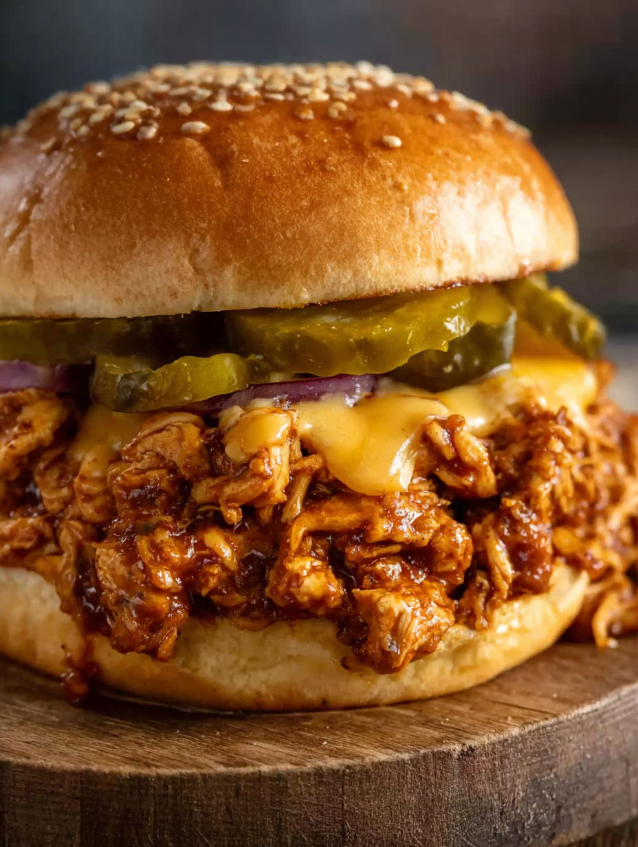 A close up of a chicken sandwich with pickles and cheese.