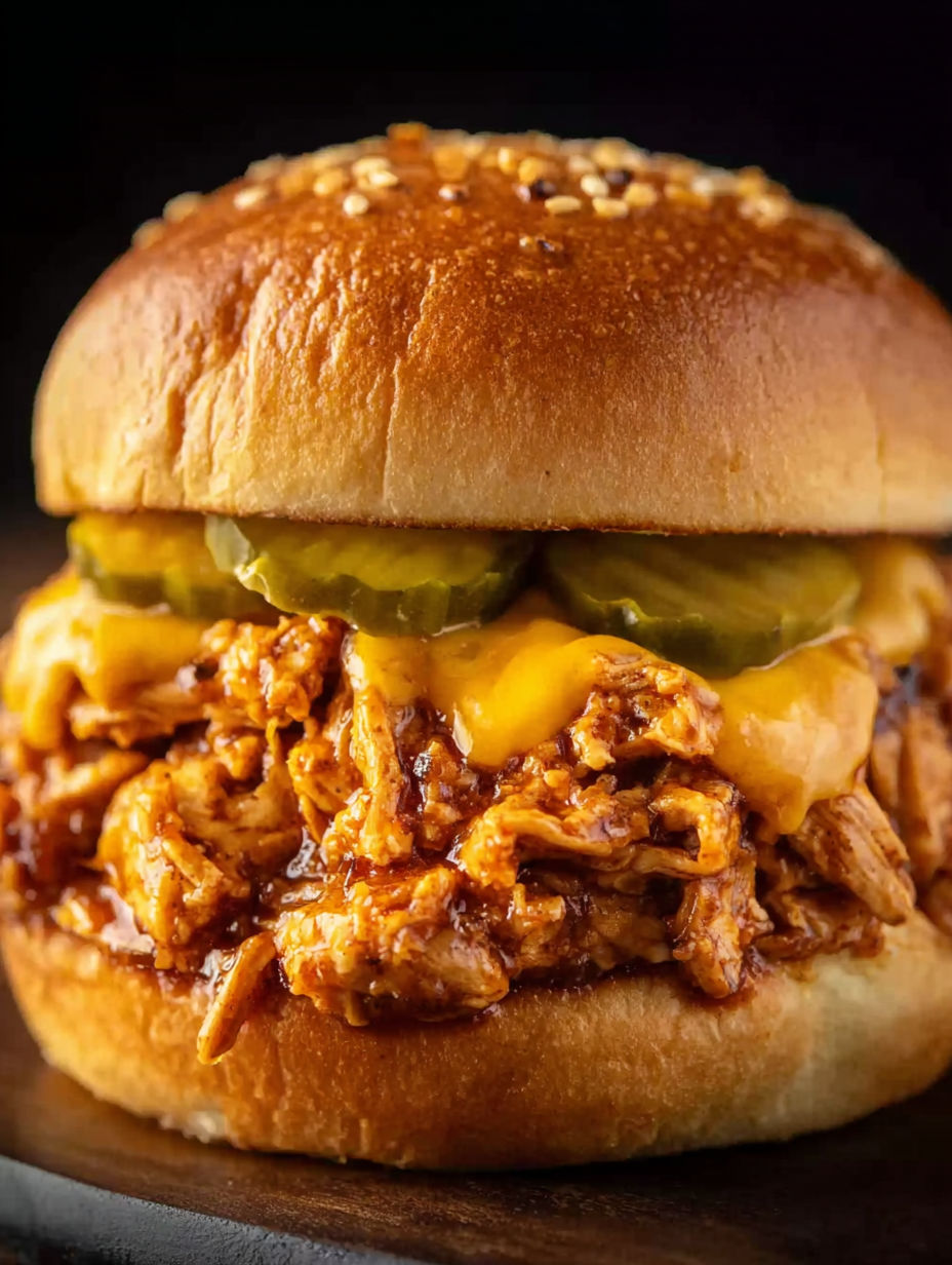A close up of a chicken sandwich with pickles and cheese.