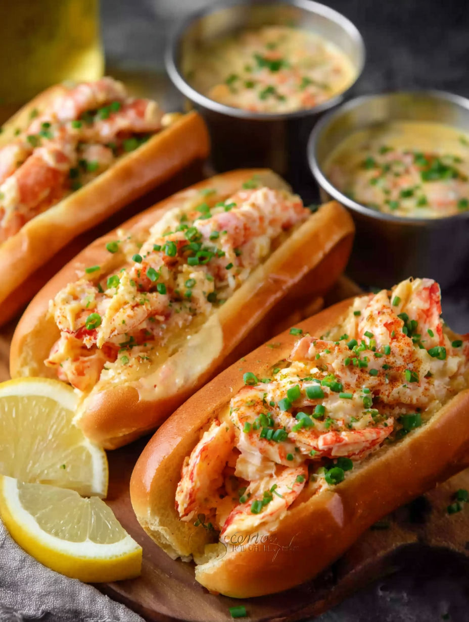 A plate of seafood sandwiches with lemon wedges.