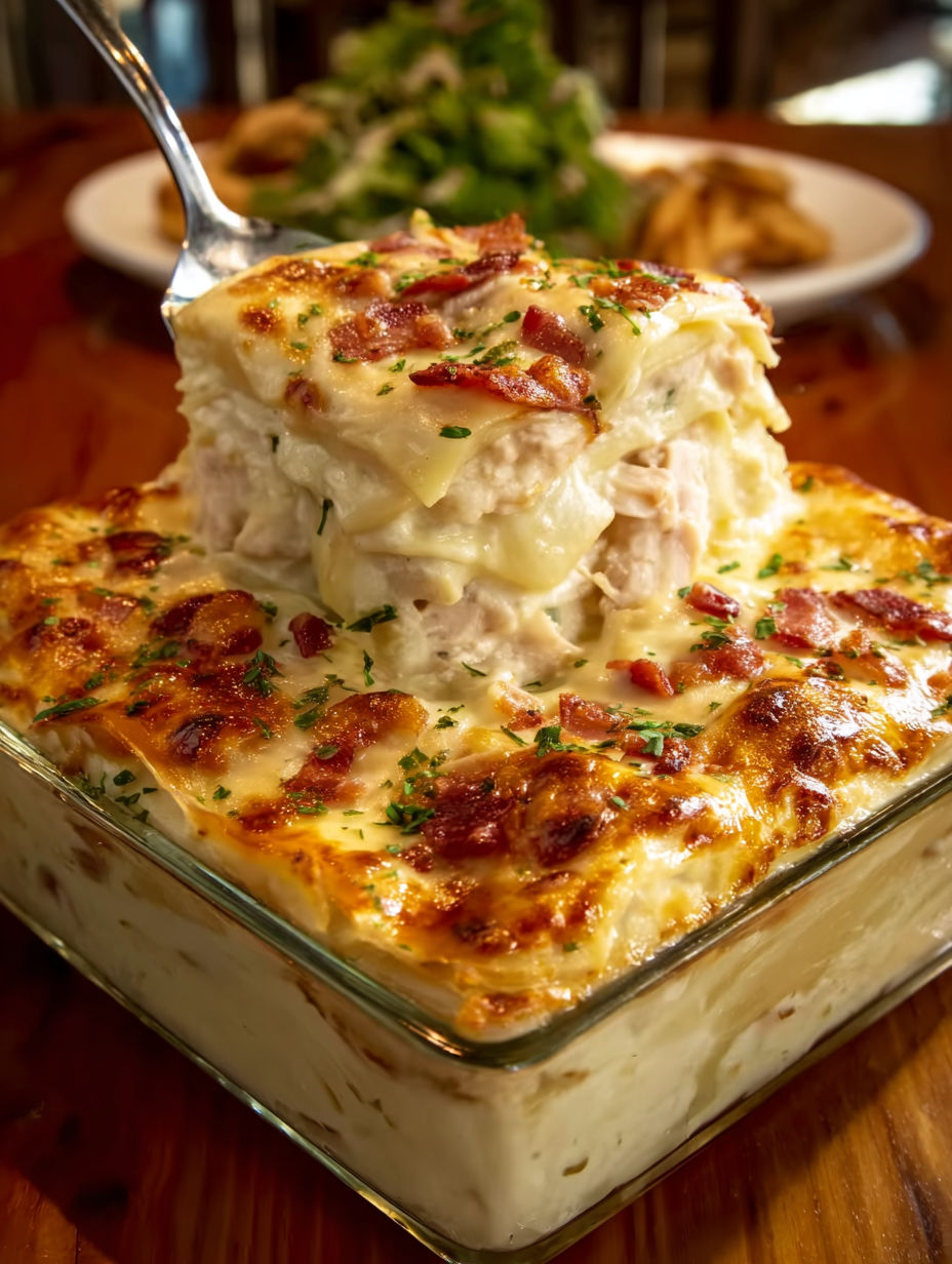 A close up of a casserole dish with a fork in it.