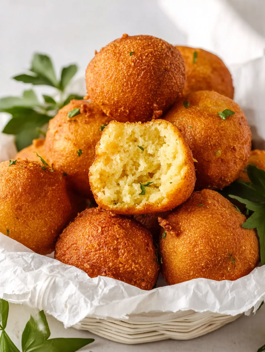 A pile of homemade crispy hush puppies.