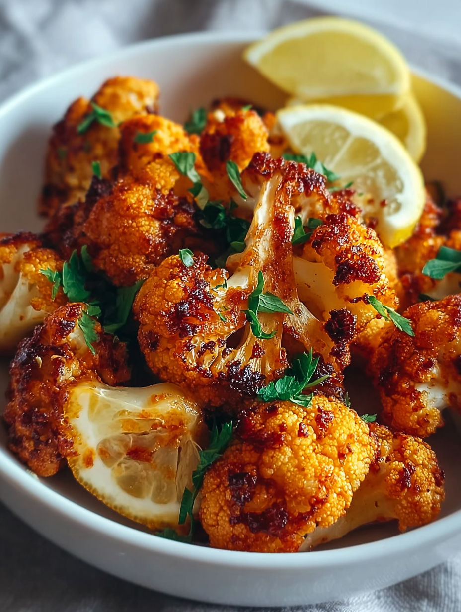 A bowl of cooked cauliflower with lemon wedges on top.