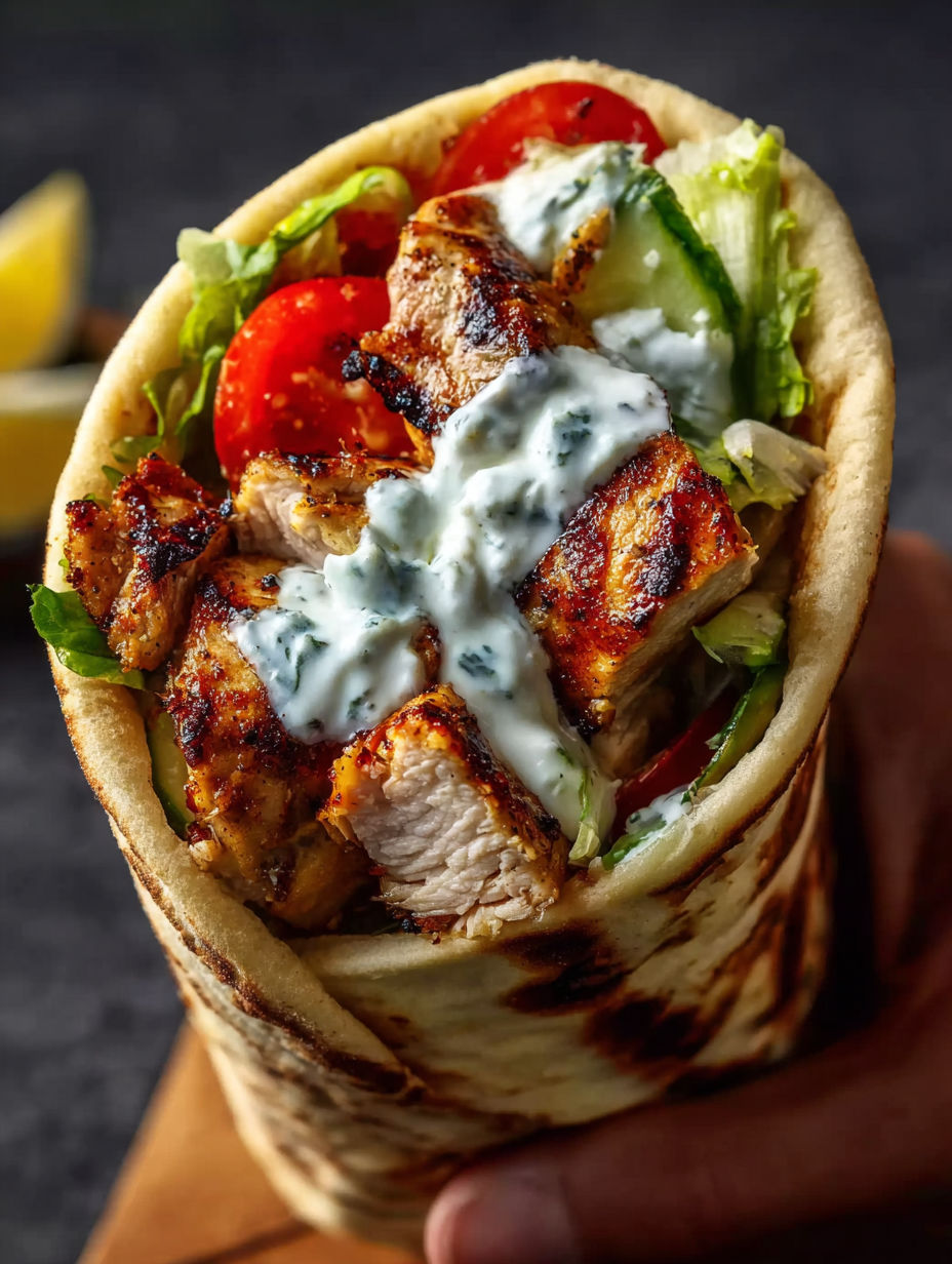 A Greek Chicken Souvlaki with a variety of toppings.