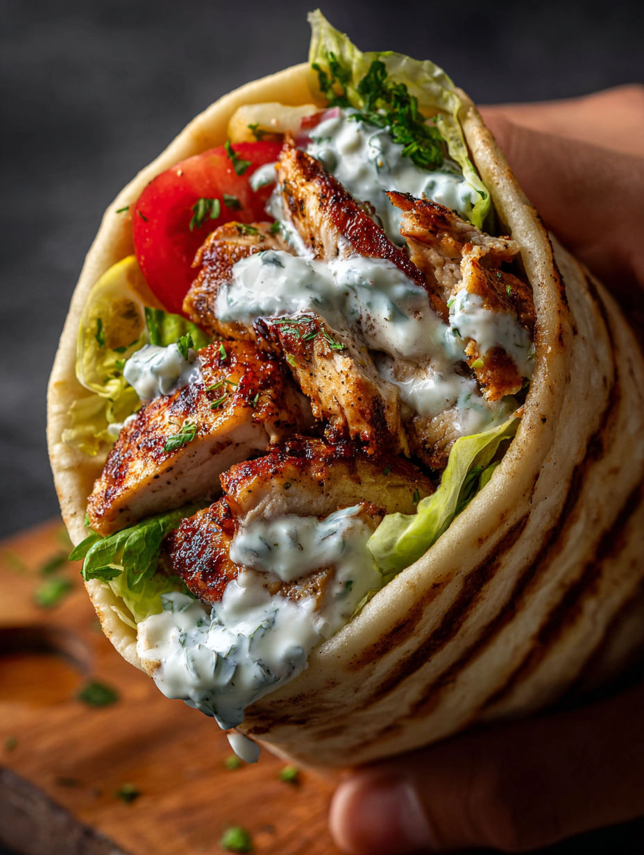 A person holding a Greek chicken souvlaki.