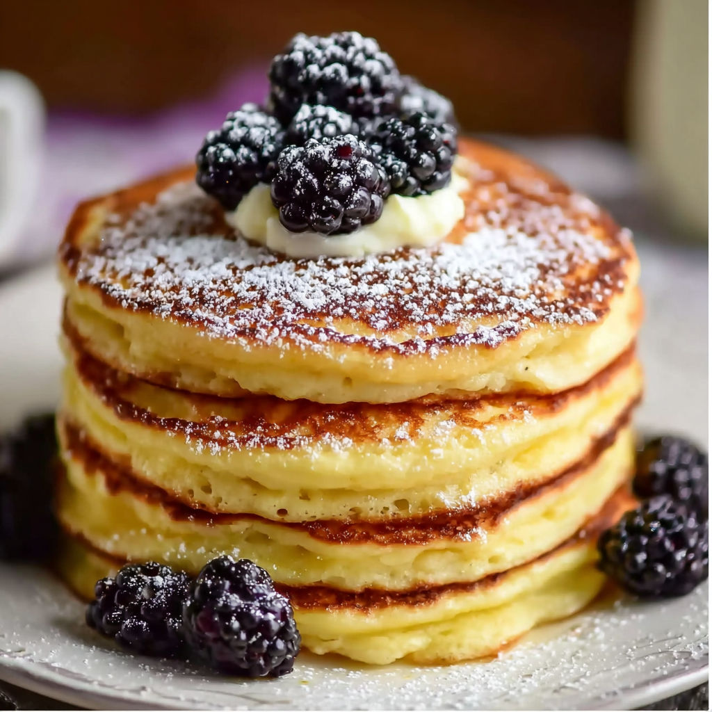 A stack of pancakes with berries on top.
