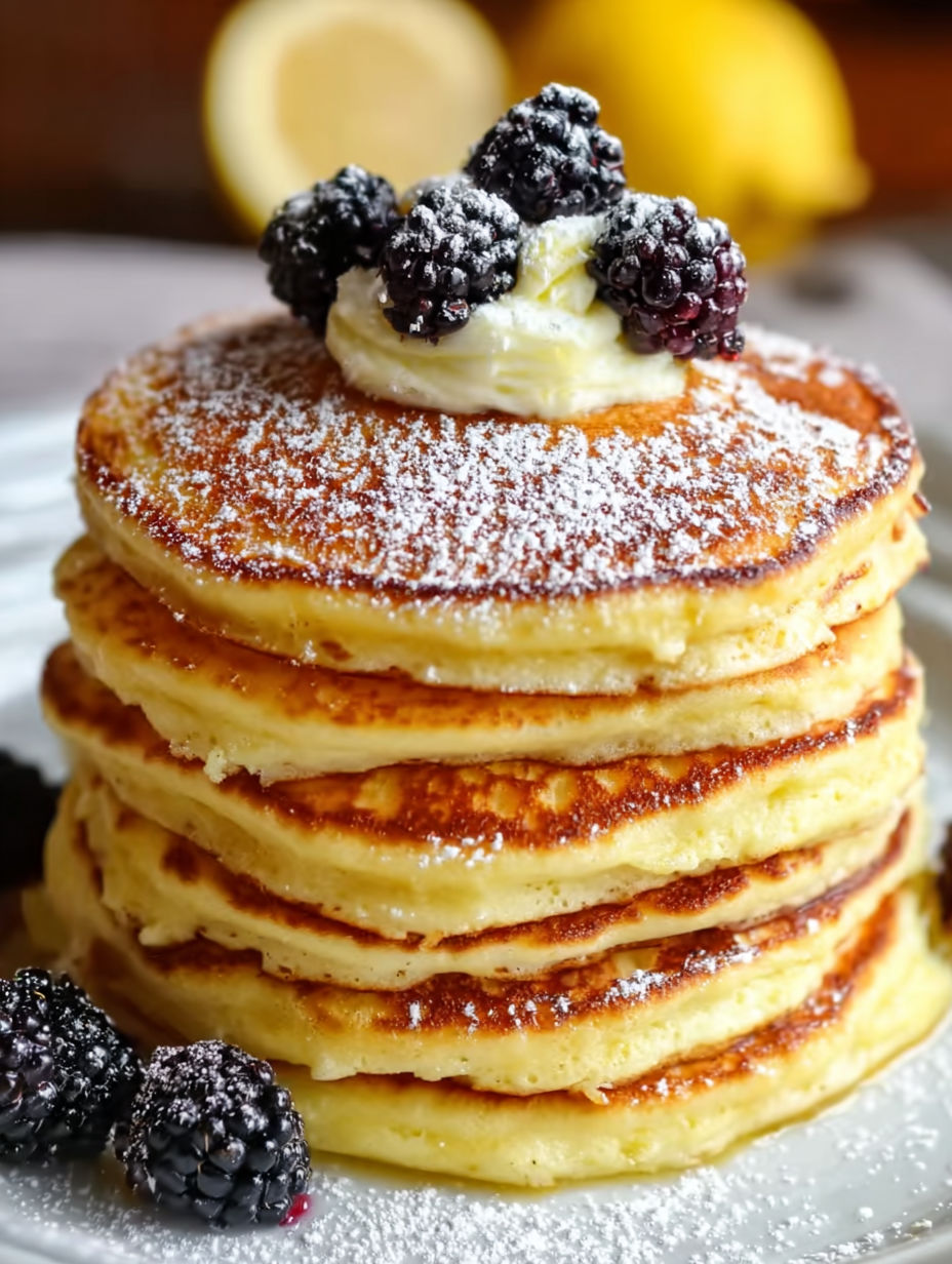 A stack of pancakes with berries on top.
