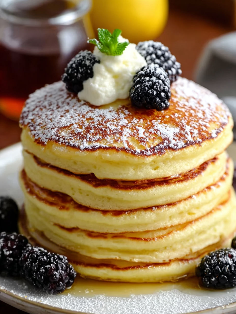 A stack of pancakes with berries on top.