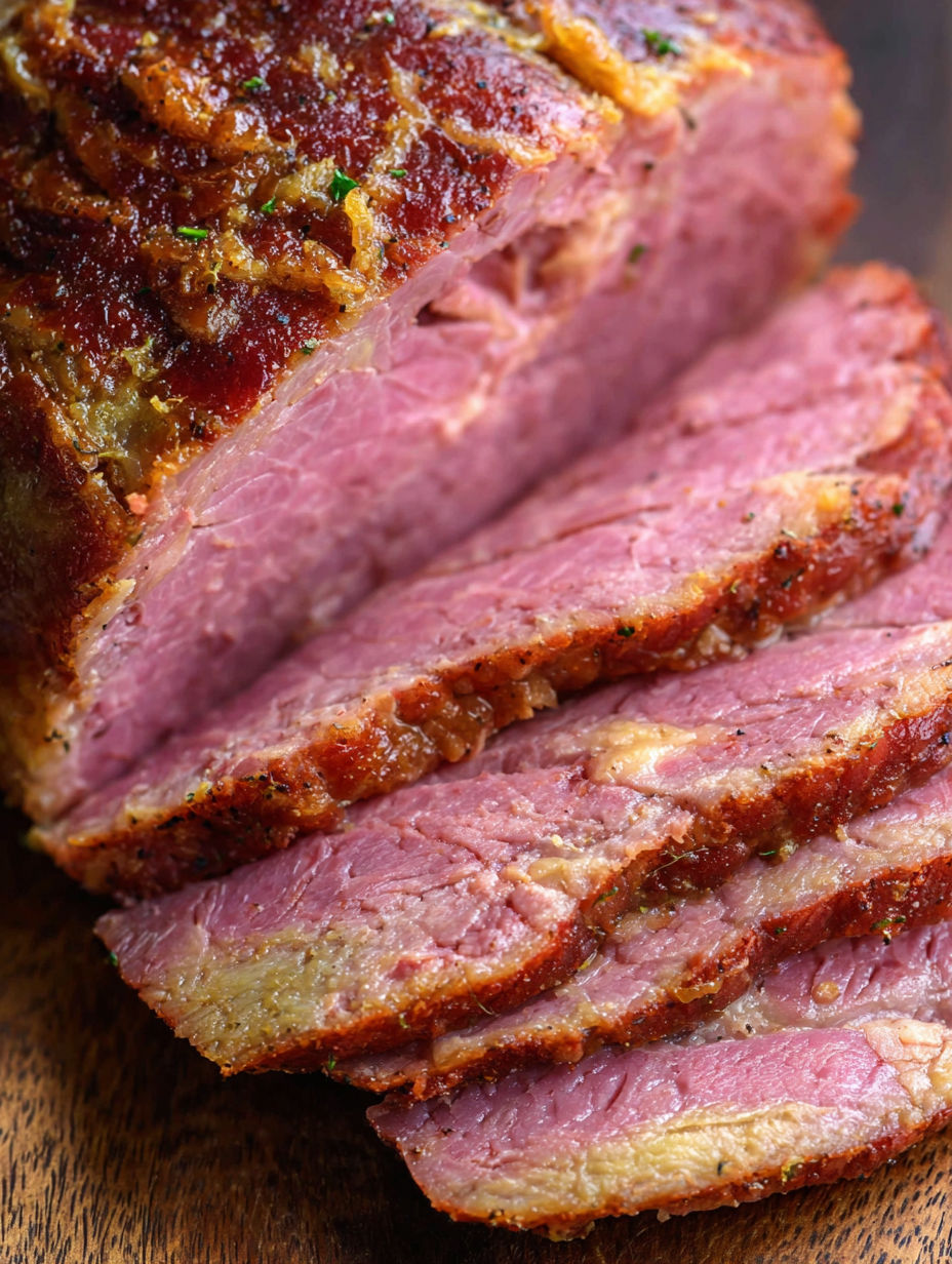 A piece of corned beef in a pan.